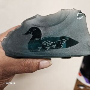 Vintage Teal Sea Glass Inuit Etched Duck Paperweight